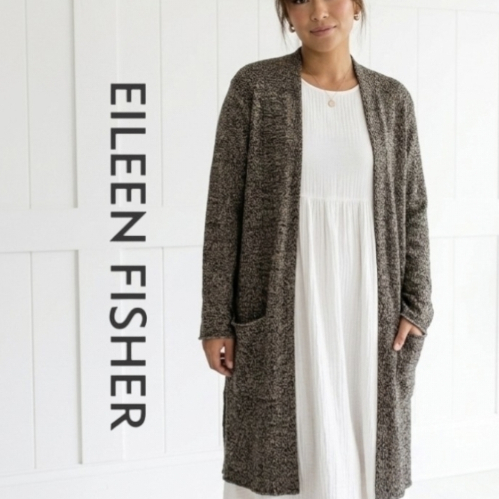 90s Eileen Fisher New York Linen Wool Long Cardigan Knitted Small Black White